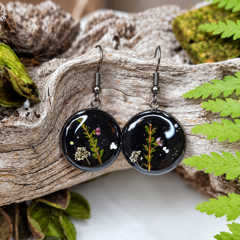Botanische Ohrringe Schwarz – 25 mm Natur Schmuck mit Blüten & Pflanzen