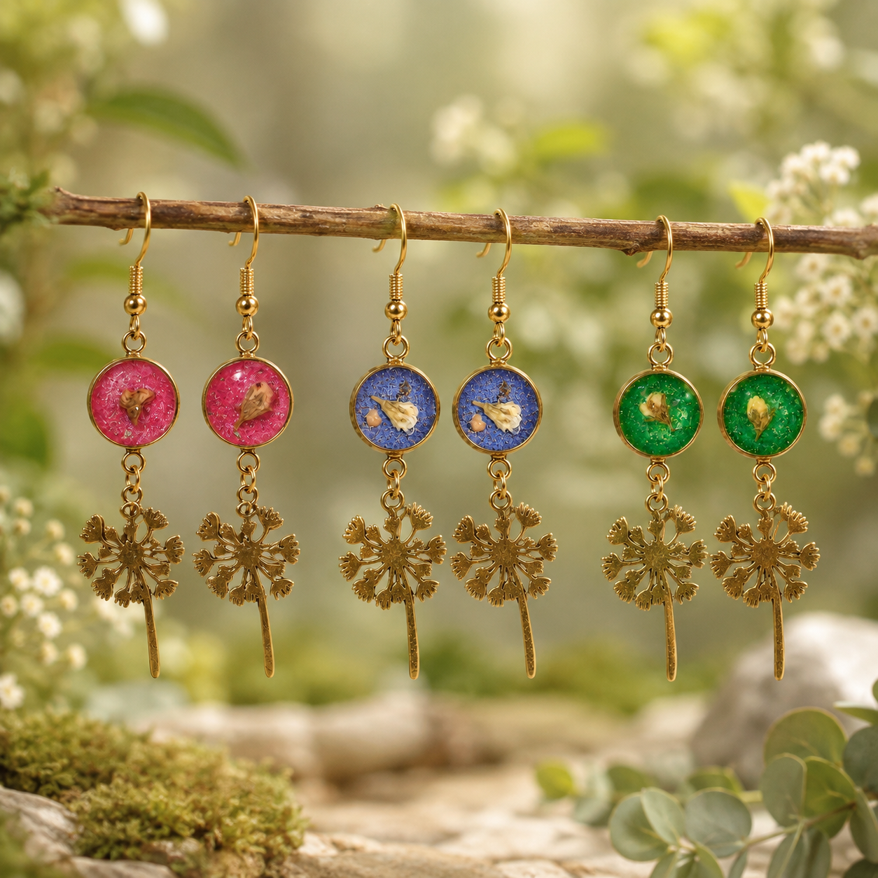 Florale Ohrringe mit Blüten & Pflanzenanhänger – 3 Farben