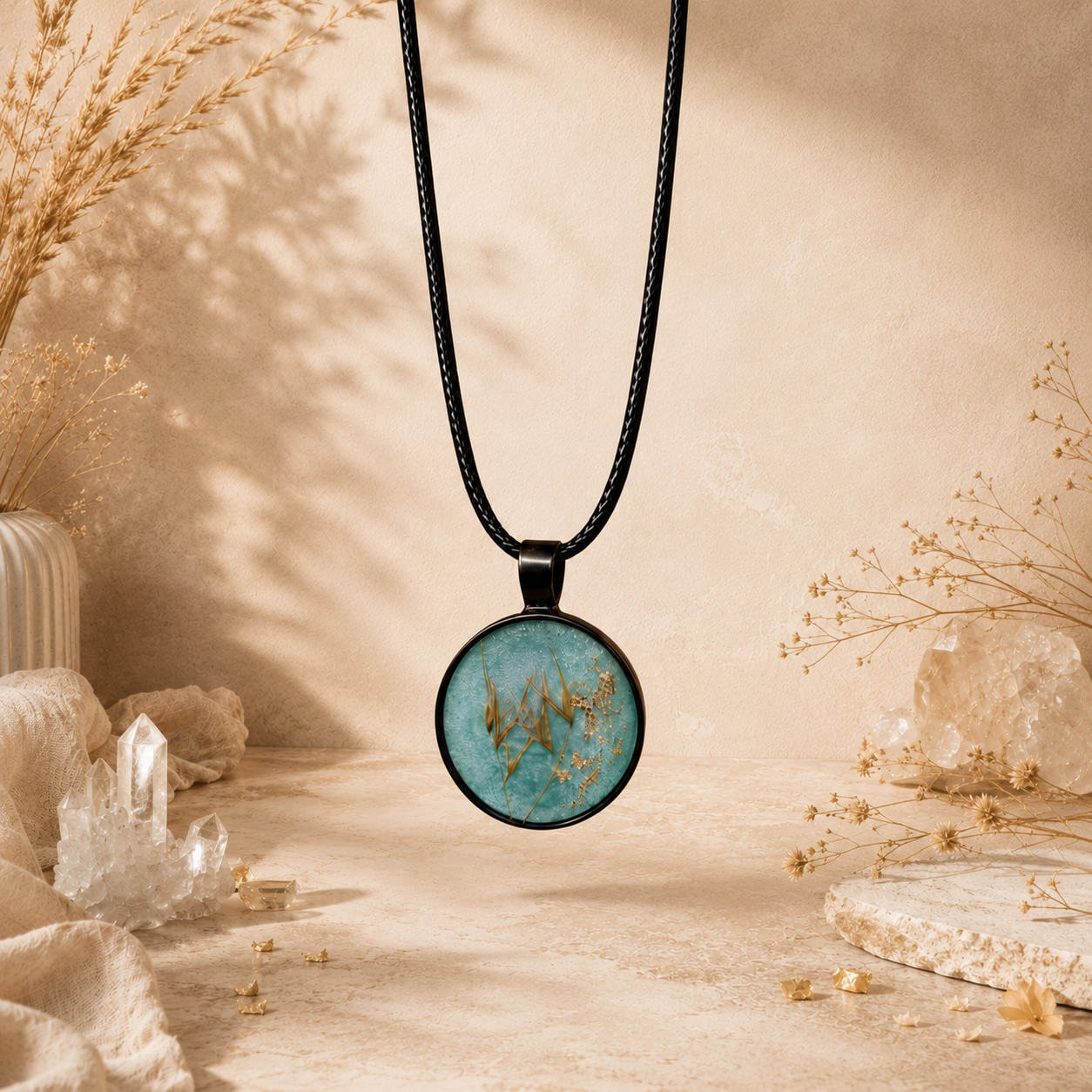 Türkiser Wald - Natur Cabochon Anhänger mit echter Blüte | Handgemachter Resin Schmuck inkl. Kette