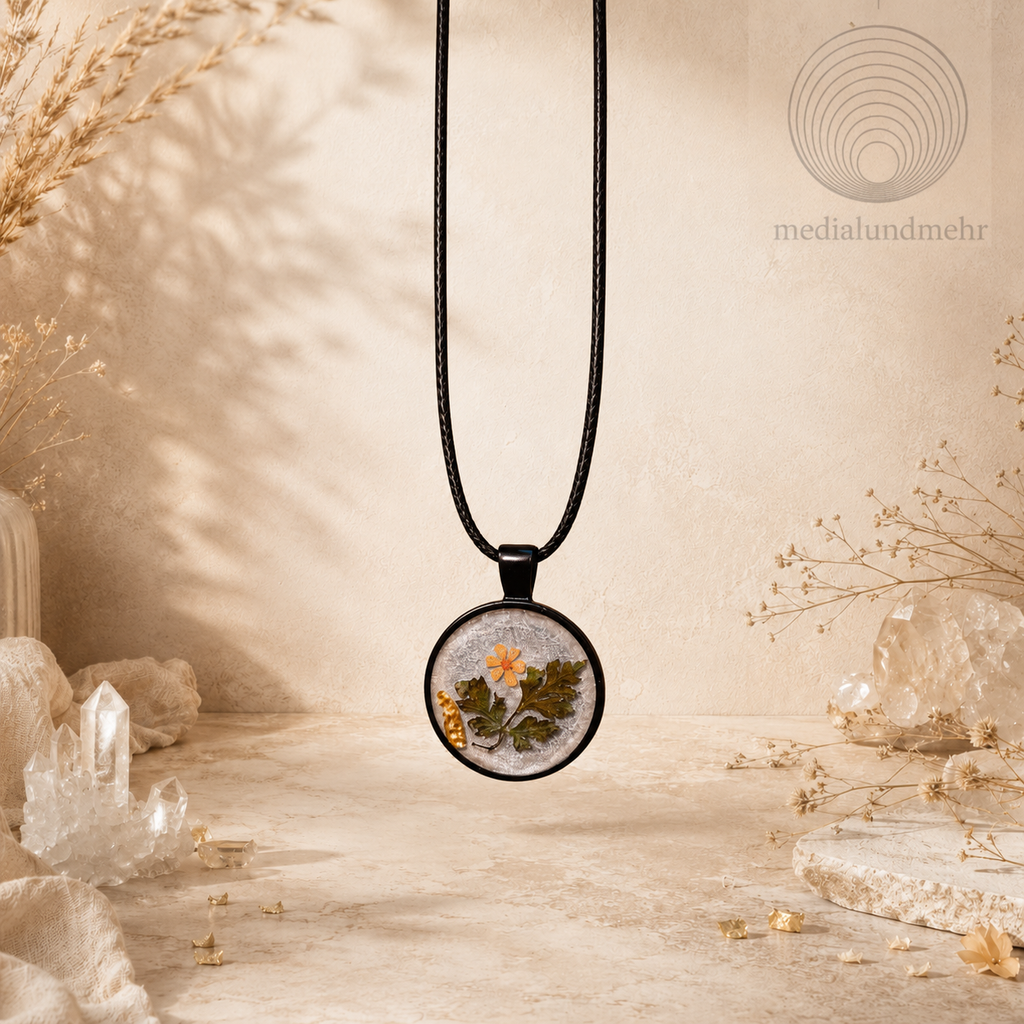 Seelenblatt – Natur Cabochon Anhänger mit echter Blüte | Handgemachter Resin Schmuck inkl. Kette