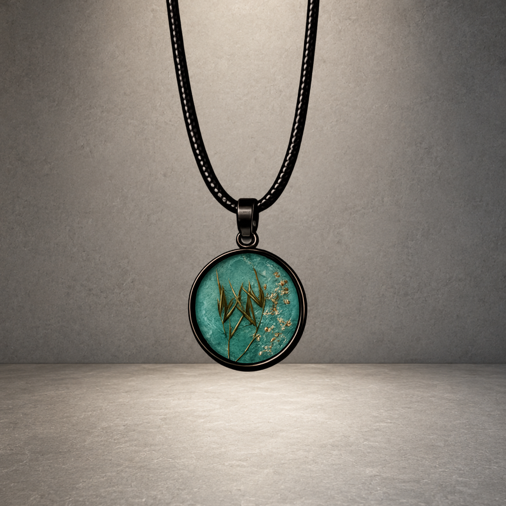 Türkiser Wald - Natur Cabochon Anhänger mit echter Blüte | Handgemachter Resin Schmuck inkl. Kette