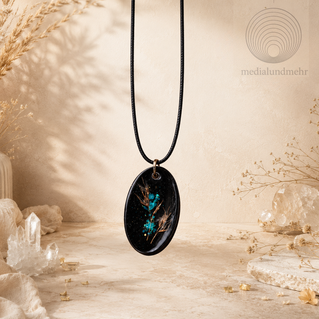 Waldgeist Anhänger – Handgemachter Resin Schmuck mit Naturgräsern & Türkispartikeln (5 x 3 cm)