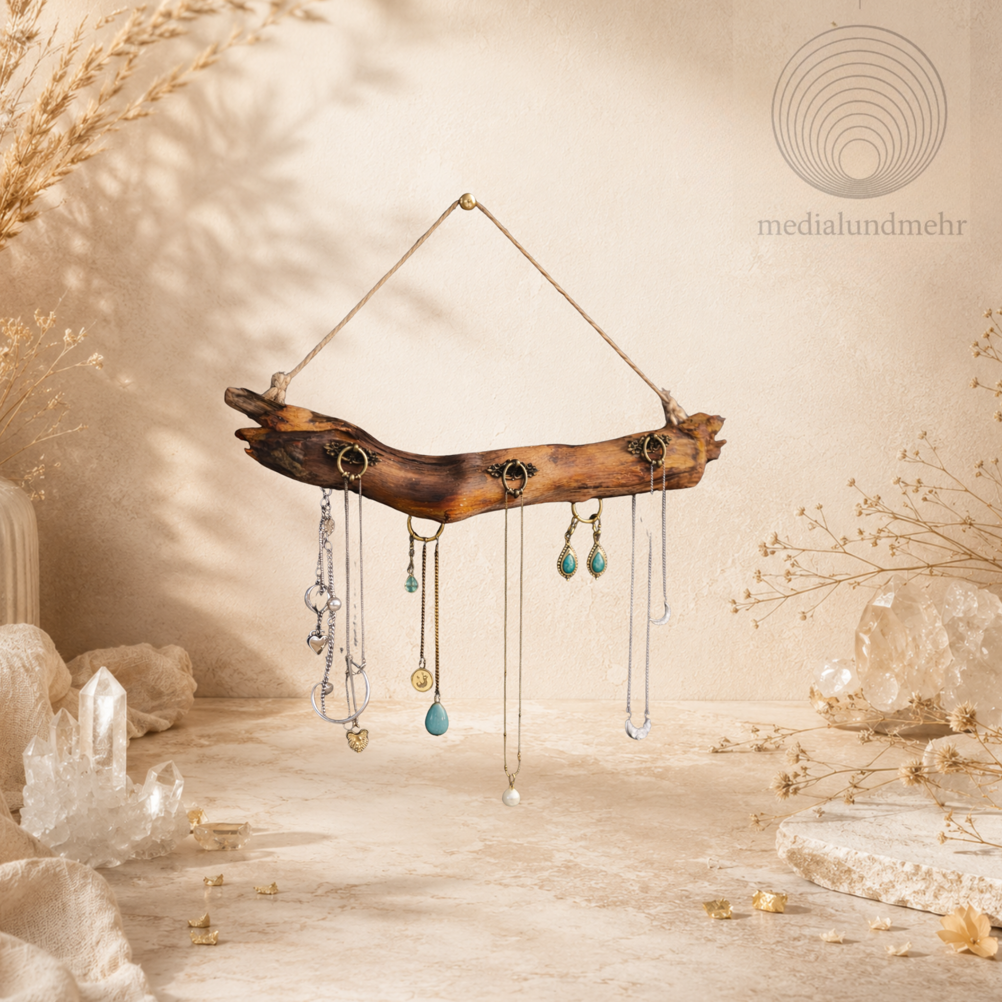 Boho Schmuckhalter aus Treibholz – Handgefertigter Wand-Organizer für Halsketten & Ohrringe