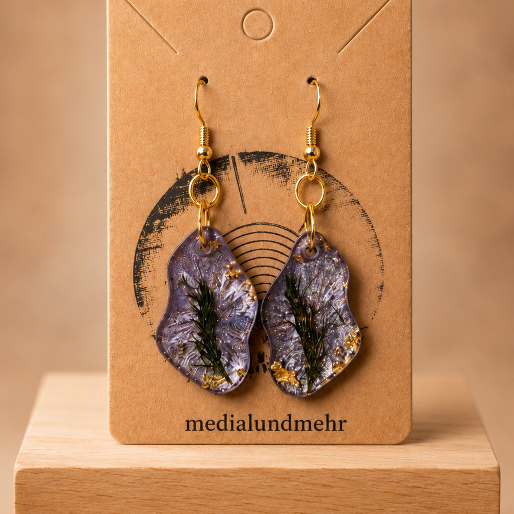 Handgemachte Boho Ohrringe in Lila und Gold mit Resin Blattdesign. Leichte Statement Ohrringe im spirituellen Naturstil – medialundmehr.
