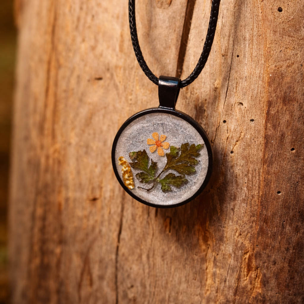 Seelenblatt – Natur Cabochon Anhänger mit echter Blüte | Handgemachter Resin Schmuck inkl. Kette