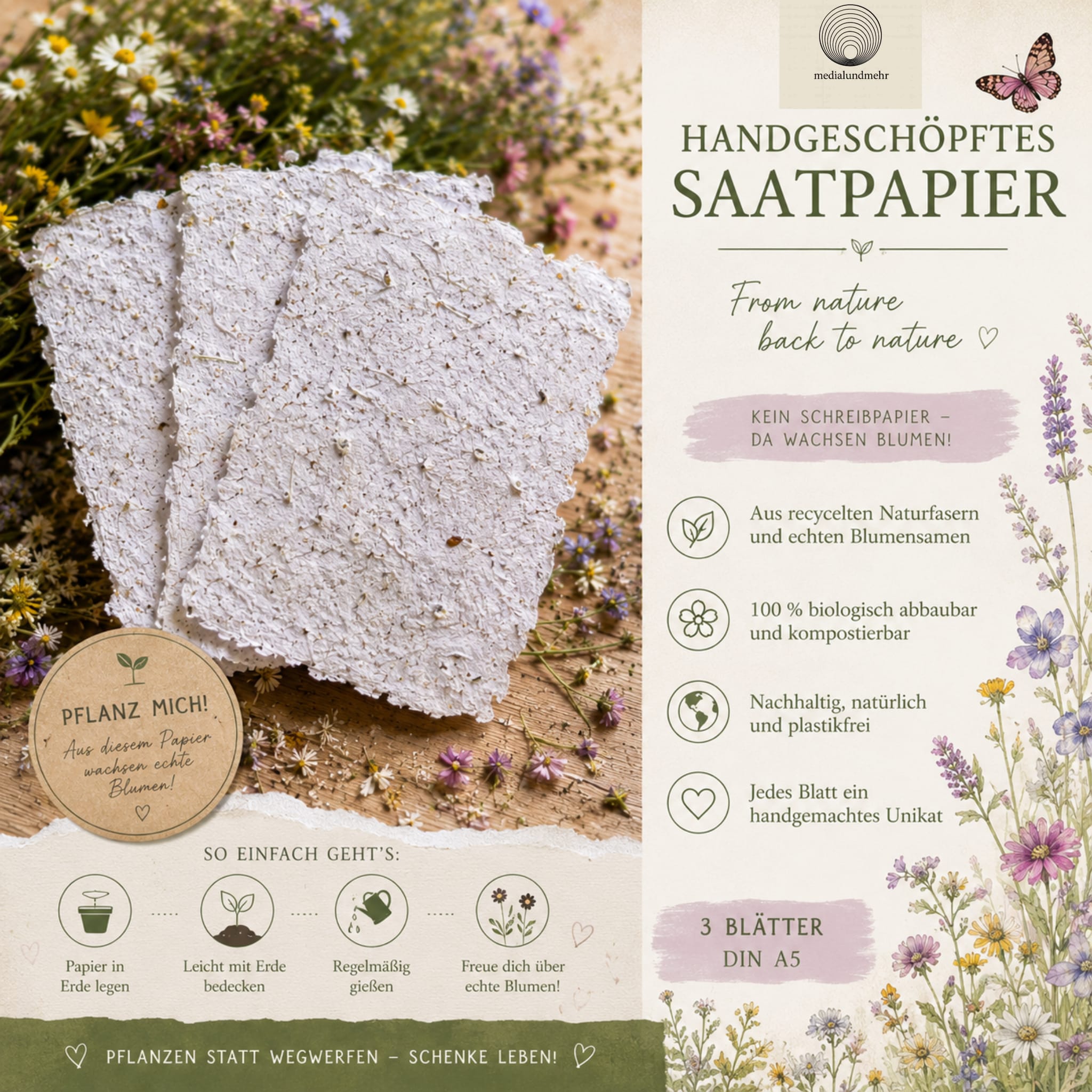 Handgeschöpftes Saatpapier DIN A5 – Pflanzbares Papier mit Blumensamen | Nachhaltiges Geschenk & DIY Naturpapier