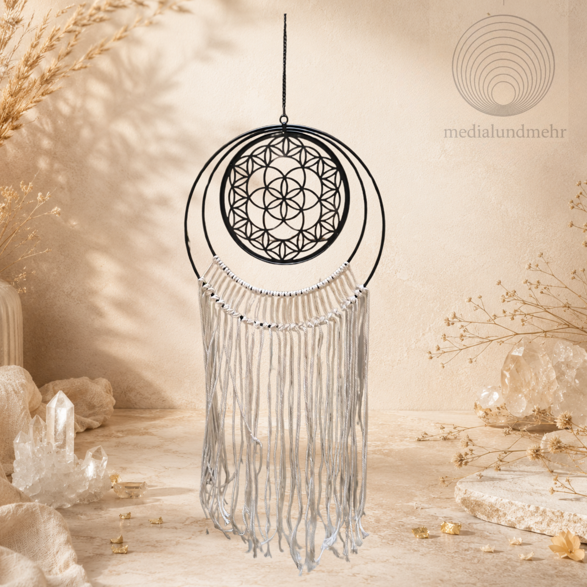 Traumfänger Blume des Lebens – Boho Wanddeko mit Makramee | Spirituelle Dekoration | Metall Traumfänger Weiß