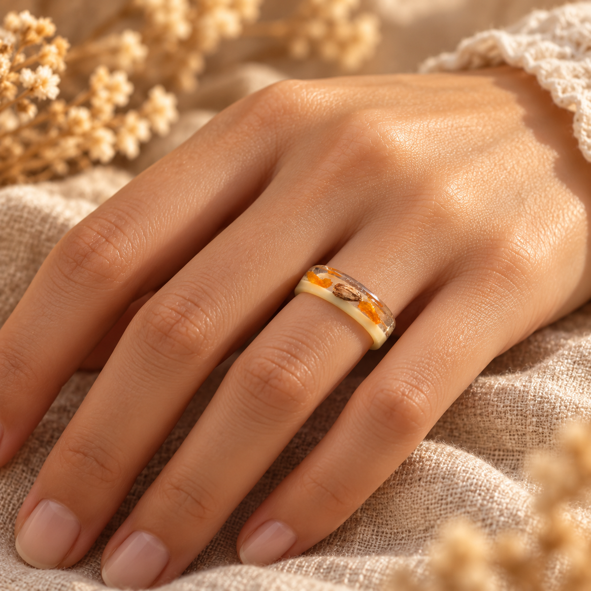 KI-generiertes Tragebeispiel des filigranen Elfenrings mit Ringelblumenblüten an einer Hand
