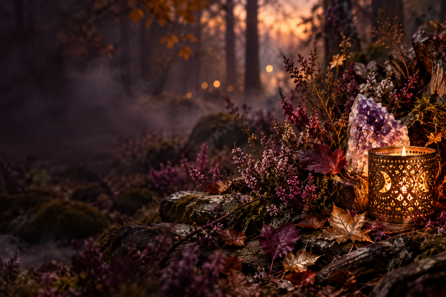 Mystischer Herbstwald in Beerentönen mit violetter Heide, Amethyst und goldenem Kerzenlicht