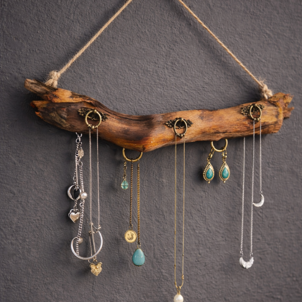 Boho Schmuckhalter aus Treibholz – Handgefertigter Wand-Organizer für Halsketten & Ohrringe