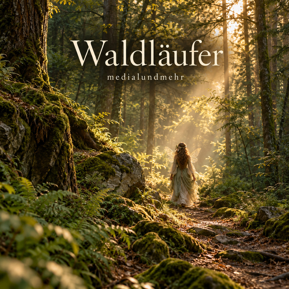 Waldläufer von medialundmehr: weibliche Feenfigur auf einem goldenen Waldpfad